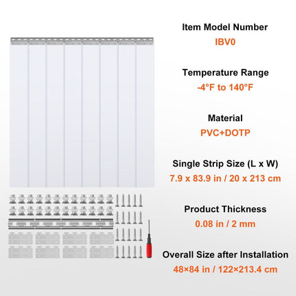 Strip Curtain, 213.4 cm Height x 122 cm Width, 2 mm Thickness, 8PCS Clear PVC Strip Door Curtain, Freezer Curtain, Plastic Door Strips for Walk in Freezers, Cooler, Warehouse, with 50% Overlap.