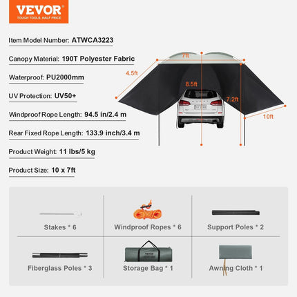 Vehicle Awning, Large 10' x 7' Shade Coverage Car Side Awning, PU2000mm UV50+ Car Awning with Extended Side Canopies and Portable Storage Bag, Suitable for Truck, SUV, Van, Campers.