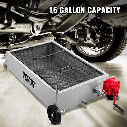 Low Profile Oil Drain Pan Truck Drain Pan 57 L with Pump Hose Casters.