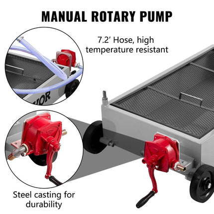 Low Profile Oil Drain Pan Truck Drain Pan 57 L with Pump Hose Casters.