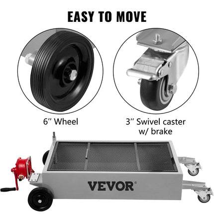 Low Profile Oil Drain Pan Truck Drain Pan 57 L with Pump Hose Casters.