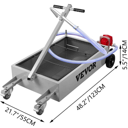 Low Profile Oil Drain Pan Truck Drain Pan 57 L with Pump Hose Casters.