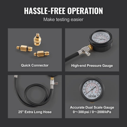 Compression Tester Adapter Kit, 9 Pcs Automotive Engine Cylinder Leak Down Compression Test, Accurate Dual Scale Pressure Gauge 0-300 psi, with Long Reach Hoses and Case for Engine Cylinders.