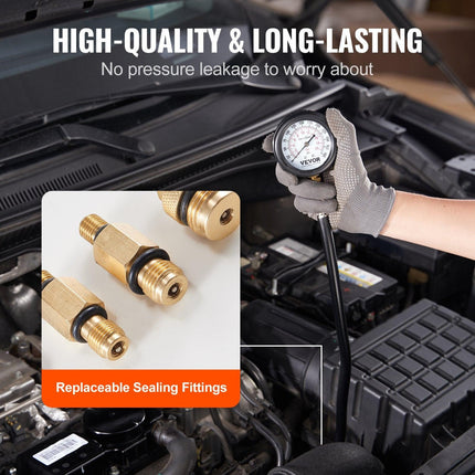 Compression Tester Adapter Kit, 9 Pcs Automotive Engine Cylinder Leak Down Compression Test, Accurate Dual Scale Pressure Gauge 0-300 psi, with Long Reach Hoses and Case for Engine Cylinders.