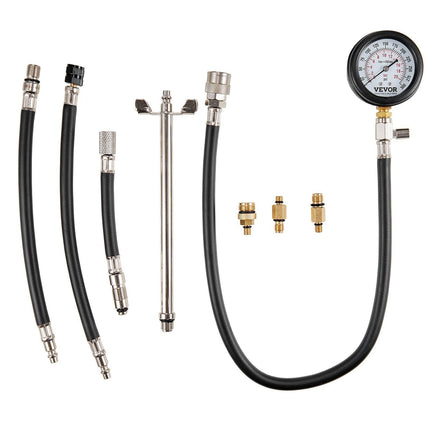 Compression Tester Adapter Kit, 9 Pcs Automotive Engine Cylinder Leak Down Compression Test, Accurate Dual Scale Pressure Gauge 0-300 psi, with Long Reach Hoses and Case for Engine Cylinders.