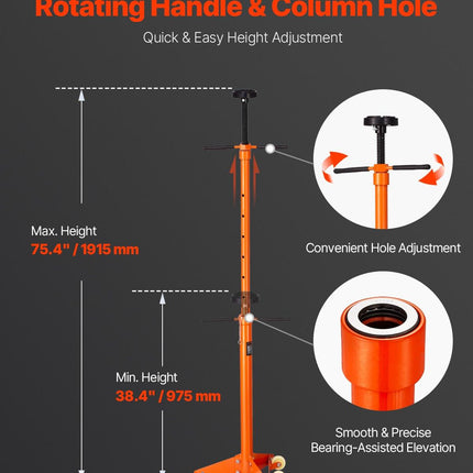 Underhoist Support Stand, 3/4 Ton Capacity Under Hoist Jack Stand, Lifting from 38.4 to 75.4 in, Bearing Mounted Spin Handle, Self-Locking Threaded Screw, Two Wheels, Support Vehicle Components.