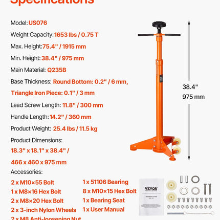 Underhoist Support Stand, 3/4 Ton Capacity Under Hoist Jack Stand, Lifting from 38.4 to 75.4 in, Bearing Mounted Spin Handle, Self-Locking Threaded Screw, Two Wheels, Support Vehicle Components.