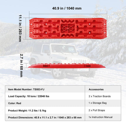 2PCS Traction Boards with PP for Mud Snow Sand Storage Bag Long Red.