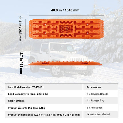 10 TON Traction Boards with PP Material, Recovery Boards for Off-road Vehicles/Cars/Pickups/SUVs/RVs, Pair Tire Traction Mats on Snow, Sand, Mud and Loose Terrain, Storage Bag, Long, Orange.