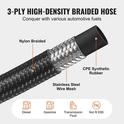 8AN Fuel Line Kit, 6.1 m Fuel Hose Kit, 1.0 cm Nylon Stainless Steel Braided Fuel Line Oil/Gas/Diesel Hose End Fitting Kit, with 12 PCS Swivel Fitting Adapter Kit, Black.