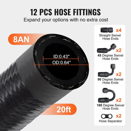 8AN Fuel Line Kit, 6.1 m Fuel Hose Kit, 1.0 cm Nylon Stainless Steel Braided Fuel Line Oil/Gas/Diesel Hose End Fitting Kit, with 12 PCS Swivel Fitting Adapter Kit, Black.