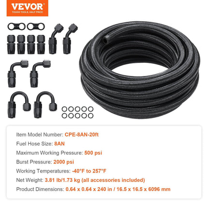 8AN Fuel Line Kit, 6.1 m Fuel Hose Kit, 1.0 cm Nylon Stainless Steel Braided Fuel Line Oil/Gas/Diesel Hose End Fitting Kit, with 12 PCS Swivel Fitting Adapter Kit, Black.