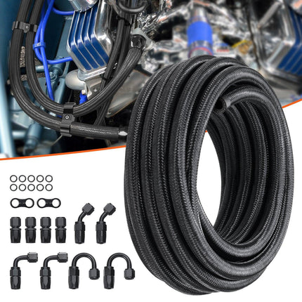 8AN Fuel Line Kit, 6.1 m Fuel Hose Kit, 1.0 cm Nylon Stainless Steel Braided Fuel Line Oil/Gas/Diesel Hose End Fitting Kit, with 12 PCS Swivel Fitting Adapter Kit, Black.