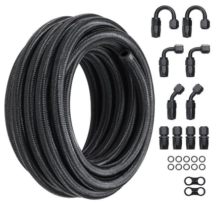 8AN Fuel Line Kit, 6.1 m Fuel Hose Kit, 1.0 cm Nylon Stainless Steel Braided Fuel Line Oil/Gas/Diesel Hose End Fitting Kit, with 12 PCS Swivel Fitting Adapter Kit, Black.