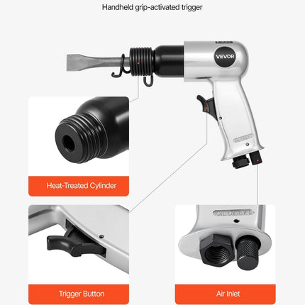 Air Hammer, 4500BPM Pneumatic Hammer with 40mm Stroke & 4PCS Chisels Round Shank, Lightweight & Compact Air Chisel Pneumatic Shovel Tool for Cutting Punching Scraping.