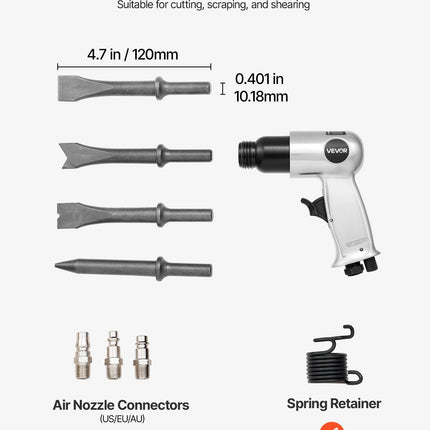 Air Hammer, 4500BPM Pneumatic Hammer with 40mm Stroke & 4PCS Chisels Round Shank, Lightweight & Compact Air Chisel Pneumatic Shovel Tool for Cutting Punching Scraping.