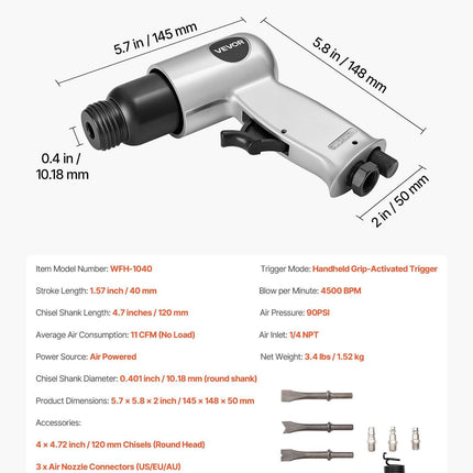 Air Hammer, 4500BPM Pneumatic Hammer with 40mm Stroke & 4PCS Chisels Round Shank, Lightweight & Compact Air Chisel Pneumatic Shovel Tool for Cutting Punching Scraping.