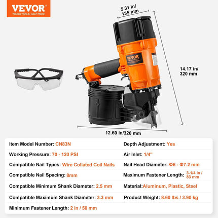 CN83N Coil Siding Nailer 50mm to 83mm 15 Degree Pneumatic Nail Gun.