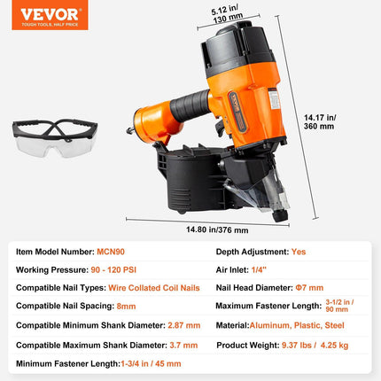 MCN90 Coil Framing Nailer 45mm to 90mm 15 Degree Pneumatic Nail Gun.