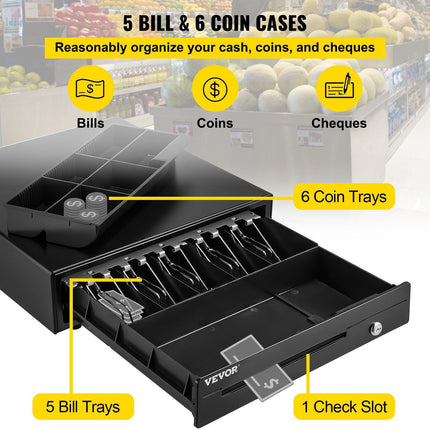 Cash Register Drawer, 16" 12 V, for POS System with 5 Bill 6 Coin Cash Tray, Removable Coin Compartment & 2 Keys Included, RJ11/RJ12 Cable for Supermarket, Bar, Coffee Shop, Restaurant.