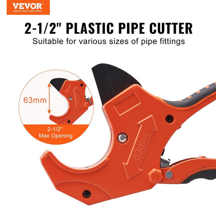 PVC Pipe Cutter, 0-2-1/2" O.D. Ratcheting PVC Pipe Cutter, Heavy Duty Tube Cutting Tool with Spare SK5 Blade for PVC, CPVC, PP-R, PEX, PE, Rubber Hoses.