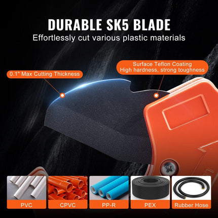 PVC Pipe Cutter, 0-2-1/2" O.D. Ratcheting PVC Pipe Cutter, Heavy Duty Tube Cutting Tool with Spare SK5 Blade for PVC, CPVC, PP-R, PEX, PE, Rubber Hoses.