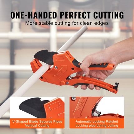 PVC Pipe Cutter, 0-2-1/2" O.D. Ratcheting PVC Pipe Cutter, Heavy Duty Tube Cutting Tool with Spare SK5 Blade for PVC, CPVC, PP-R, PEX, PE, Rubber Hoses.