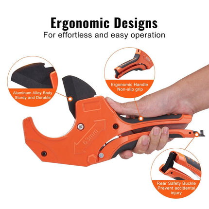 PVC Pipe Cutter, 0-2-1/2" O.D. Ratcheting PVC Pipe Cutter, Heavy Duty Tube Cutting Tool with Spare SK5 Blade for PVC, CPVC, PP-R, PEX, PE, Rubber Hoses.