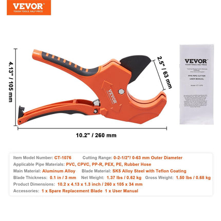 PVC Pipe Cutter, 0-2-1/2" O.D. Ratcheting PVC Pipe Cutter, Heavy Duty Tube Cutting Tool with Spare SK5 Blade for PVC, CPVC, PP-R, PEX, PE, Rubber Hoses.