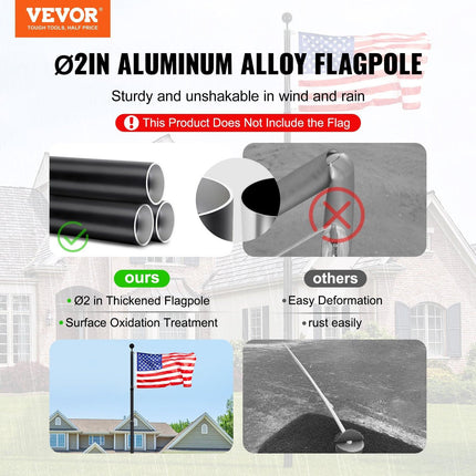 25FT Telescopic Flagpole Kit, Heavy Duty Aluminum Alloy Flag Pole Kit in Ground for Outside, 3 Display Modes Flagpole with Professional Accessories, Black.