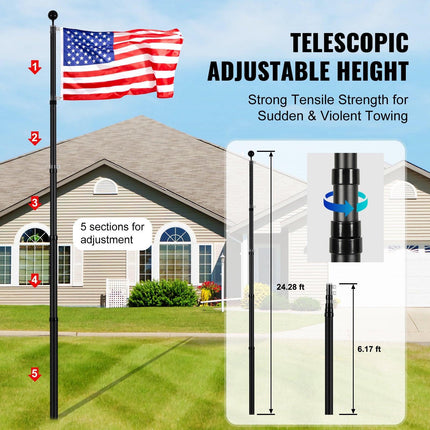 25FT Telescopic Flagpole Kit, Heavy Duty Aluminum Alloy Flag Pole Kit in Ground for Outside, 3 Display Modes Flagpole with Professional Accessories, Black.