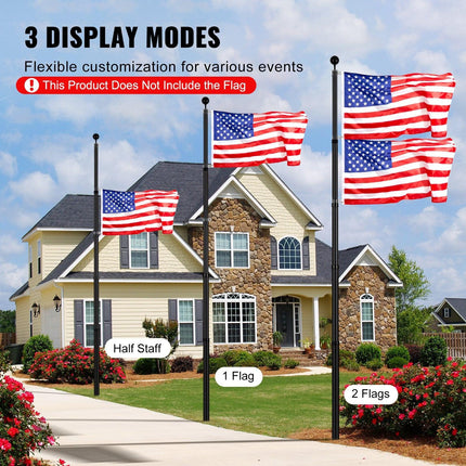 25FT Telescopic Flagpole Kit, Heavy Duty Aluminum Alloy Flag Pole Kit in Ground for Outside, 3 Display Modes Flagpole with Professional Accessories, Black.