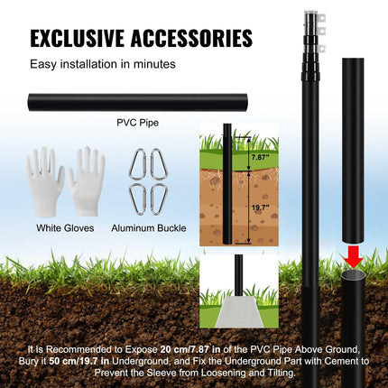 25FT Telescopic Flagpole Kit, Heavy Duty Aluminum Alloy Flag Pole Kit in Ground for Outside, 3 Display Modes Flagpole with Professional Accessories, Black.