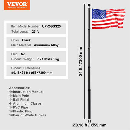25FT Telescopic Flagpole Kit, Heavy Duty Aluminum Alloy Flag Pole Kit in Ground for Outside, 3 Display Modes Flagpole with Professional Accessories, Black.
