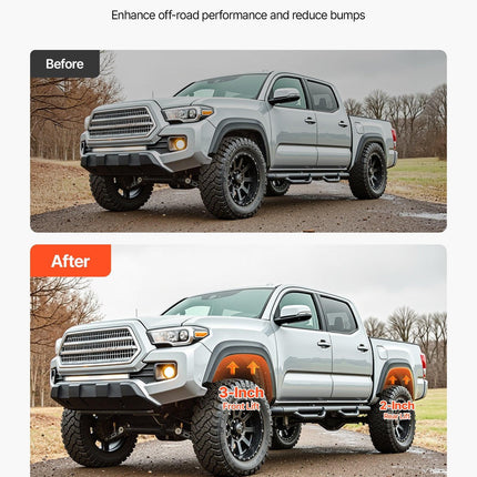 76.2 mm Front and 50.8 mm Rear Leveling Lift Kit for 2007-2023 Silverado 1500 2WD/4WD, 2007-2023 Sierra 1500 2WD/4WD, Chassis Level Kit with 2 Front Strut Spacers, 2 Rear Lift Blocks, 2 U-Bolts.