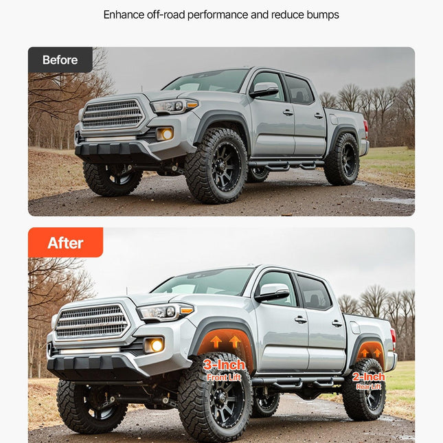 76.2 mm Front and 50.8 mm Rear Leveling Lift Kit for 2007-2023 Silverado 1500 2WD/4WD, 2007-2023 Sierra 1500 2WD/4WD, Chassis Level Kit with 2 Front Strut Spacers, 2 Rear Lift Blocks, 2 U-Bolts.