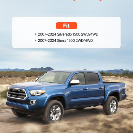 76.2 mm Front and 50.8 mm Rear Leveling Lift Kit for 2007-2023 Silverado 1500 2WD/4WD, 2007-2023 Sierra 1500 2WD/4WD, Chassis Level Kit with 2 Front Strut Spacers, 2 Rear Lift Blocks, 2 U-Bolts.