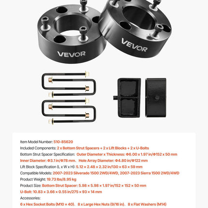 76.2 mm Front and 50.8 mm Rear Leveling Lift Kit for 2007-2023 Silverado 1500 2WD/4WD, 2007-2023 Sierra 1500 2WD/4WD, Chassis Level Kit with 2 Front Strut Spacers, 2 Rear Lift Blocks, 2 U-Bolts.