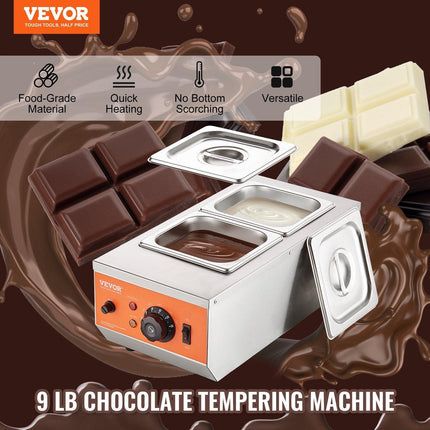 VEVOR Chocolate Tempering Machine, 2 Tanks Chocolate Melting Pot with TEMP Control, 800W Stainless Steel Electric Commercial Food Warmer For Chocolate/Milk/Cream Melting and Heating.