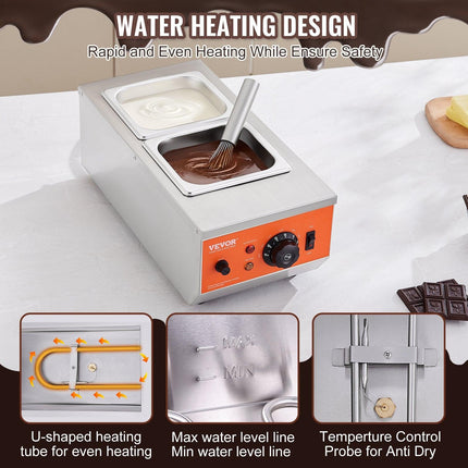 VEVOR Chocolate Tempering Machine, 2 Tanks Chocolate Melting Pot with TEMP Control, 800W Stainless Steel Electric Commercial Food Warmer For Chocolate/Milk/Cream Melting and Heating.