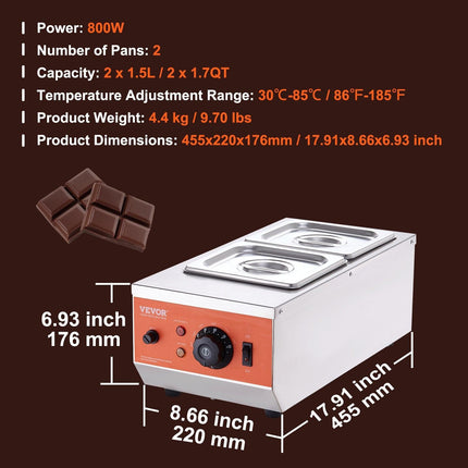 VEVOR Chocolate Tempering Machine, 2 Tanks Chocolate Melting Pot with TEMP Control, 800W Stainless Steel Electric Commercial Food Warmer For Chocolate/Milk/Cream Melting and Heating.