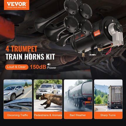 VEVOR Train Horns Kit, 4 Trumpet Air Horn Kit, 150dB Train Horns for Pickup Trucks, 12V 120 psi Air Compressor 0.8 Gal/3 L Tank with Gauge for Any 12V Vehicle Car Truck Train Van Boat.