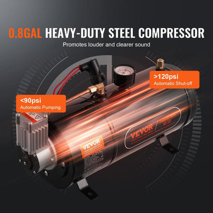 VEVOR Train Horns Kit, 4 Trumpet Air Horn Kit, 150dB Train Horns for Pickup Trucks, 12V 120 psi Air Compressor 0.8 Gal/3 L Tank with Gauge for Any 12V Vehicle Car Truck Train Van Boat.