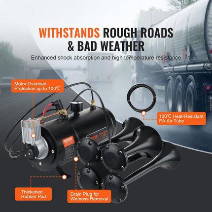VEVOR Train Horns Kit, 4 Trumpet Air Horn Kit, 150dB Train Horns for Pickup Trucks, 12V 120 psi Air Compressor 0.8 Gal/3 L Tank with Gauge for Any 12V Vehicle Car Truck Train Van Boat.