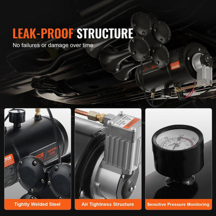 VEVOR Train Horns Kit, 4 Trumpet Air Horn Kit, 150dB Train Horns for Pickup Trucks, 12V 120 psi Air Compressor 0.8 Gal/3 L Tank with Gauge for Any 12V Vehicle Car Truck Train Van Boat.