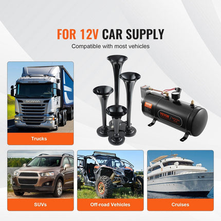VEVOR Train Horns Kit, 4 Trumpet Air Horn Kit, 150dB Train Horns for Pickup Trucks, 12V 120 psi Air Compressor 0.8 Gal/3 L Tank with Gauge for Any 12V Vehicle Car Truck Train Van Boat.