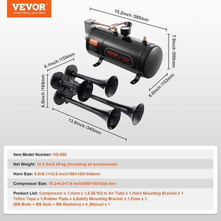 VEVOR Train Horns Kit, 4 Trumpet Air Horn Kit, 150dB Train Horns for Pickup Trucks, 12V 120 psi Air Compressor 0.8 Gal/3 L Tank with Gauge for Any 12V Vehicle Car Truck Train Van Boat.