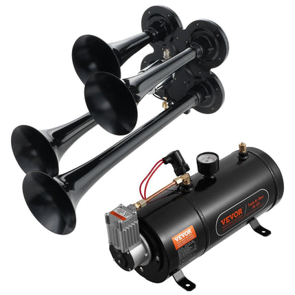 VEVOR Train Horns Kit, 4 Trumpet Air Horn Kit, 150dB Train Horns for Pickup Trucks, 12V 120 psi Air Compressor 0.8 Gal/3 L Tank with Gauge for Any 12V Vehicle Car Truck Train Van Boat.