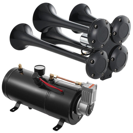 VEVOR Train Horns Kit, 4 Trumpet Air Horn Kit, 150dB Train Horns for Pickup Trucks, 12V 120 psi Air Compressor 0.8 Gal/3 L Tank with Gauge for Any 12V Vehicle Car Truck Train Van Boat.