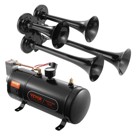 VEVOR Train Horns Kit, 4 Trumpet Air Horn Kit, 150dB Train Horns for Pickup Trucks, 12V 120 psi Air Compressor 0.8 Gal/3 L Tank with Gauge for Any 12V Vehicle Car Truck Train Van Boat.